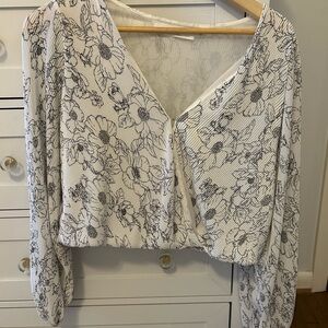 Astr Black and White Floral Wrap Blouse